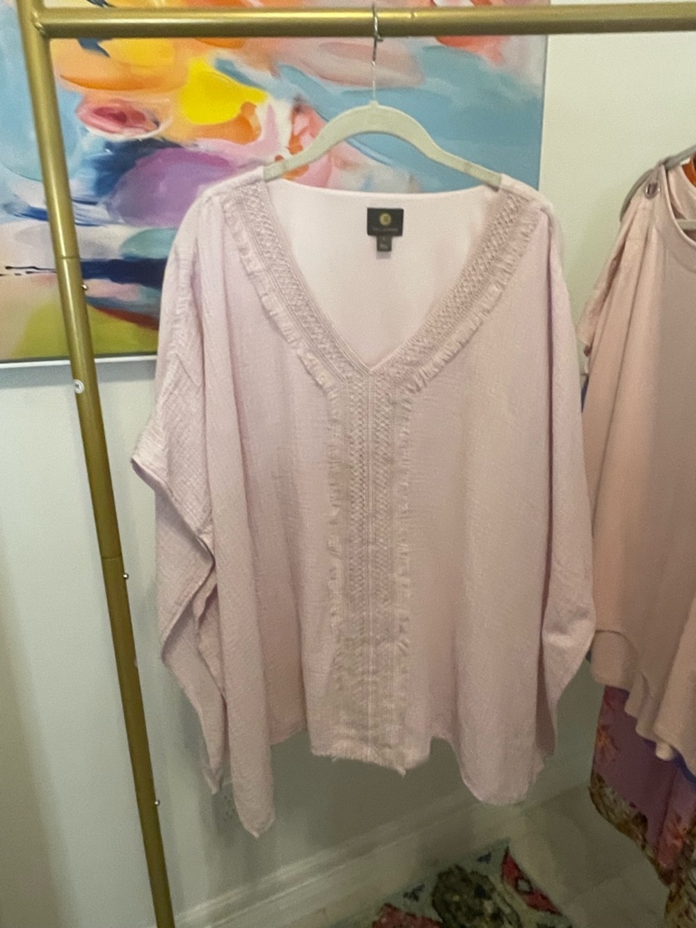 JM Collection Pale Pink V-Neck Fringe Tunic Large beach vacation light